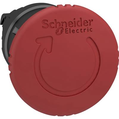 Czerwony wyłącznik awaryjny Schneider Electric z wygrawerowanym symbolem strzałki.