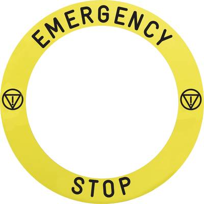 Okrągła żółta naklejka awaryjnego wyłącznika z czarnym tekstem 'EMERGENCY STOP' i dwoma symbolami zagrożenia, sygnalizująca funkcję natychmiastowego zatrzymania awaryjnego.