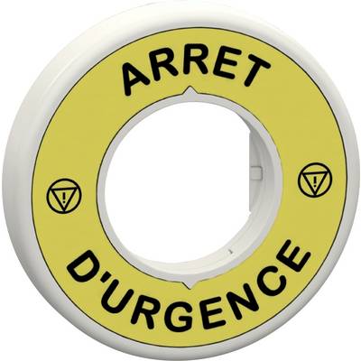 Żółty przycisk awaryjnego zatrzymania z napisem 'ARRET D'URGENCE'.