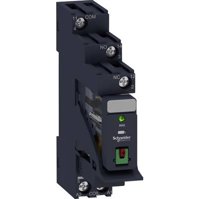 Przemysłowe przekaźniki Schneider Electric z zielonym przekaźnikiem RXG i czerwonym przełącznikiem, odpowiednie do stosowania w rozdzielniach elektrycznych.