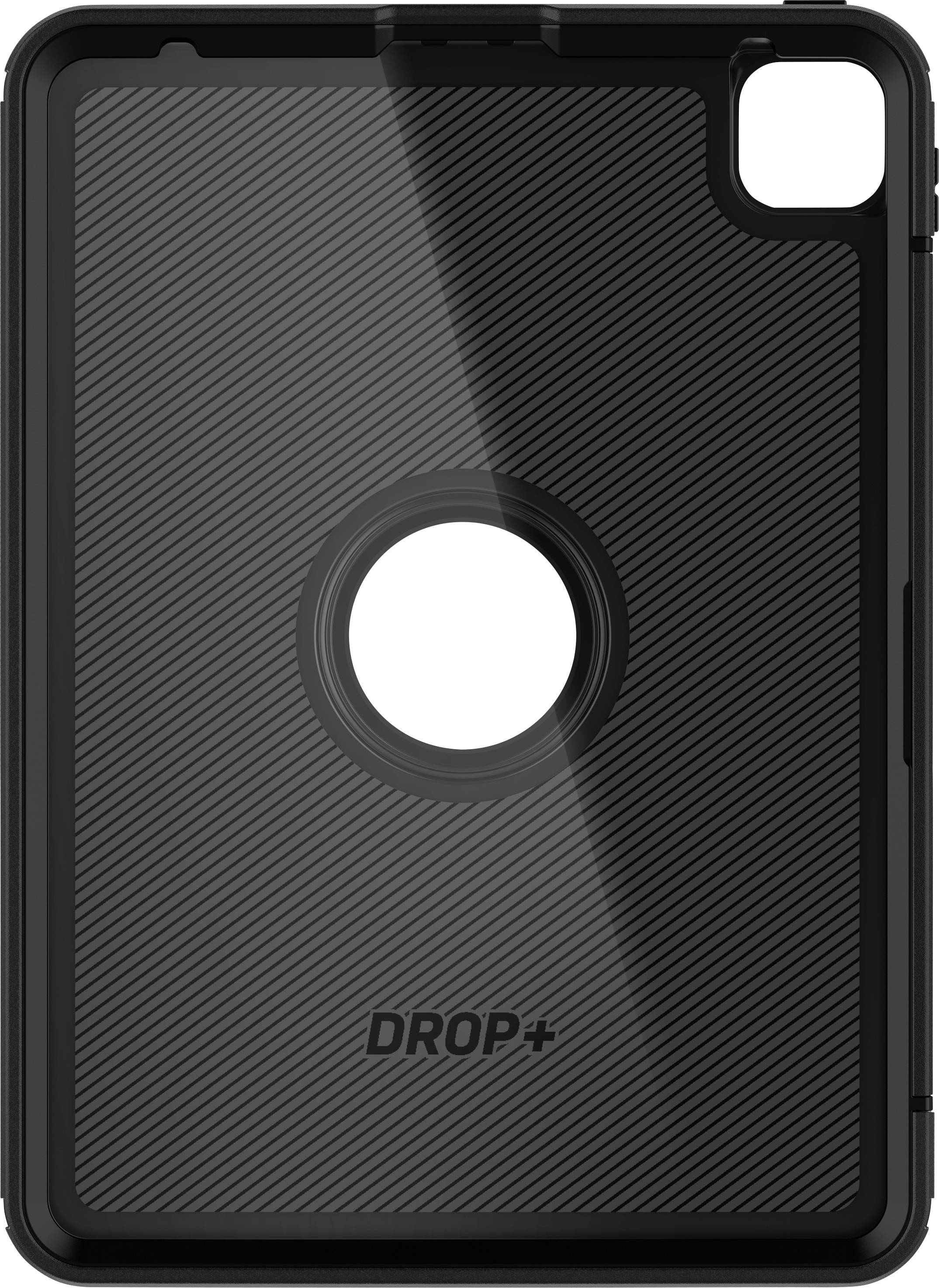 Wytrzymała czarna obudowa tabletu z okrągłym wycięciem i ukośnymi paskami. Odpowiednia do ochrony przed upadkami, napis 'DROP+' u dołu.