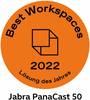 Pomarańczowy okrąg z napisem 'Najlepsze Miejsca Pracy 2022 Rozwiązanie Roku' oraz poniżej 'Jabra PanaCast 50'.