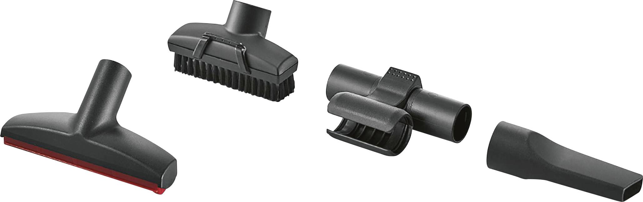 Zestaw końcówek wielofunkcyjnych do odkurzacza, składający się z dysz do dywanów, mebli, tapicerki oraz szczeliny, w kolorze czarnym.