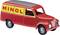 Czerwony model zabytkowego samochodu z żółtym napisem 'MINOL' na boku.