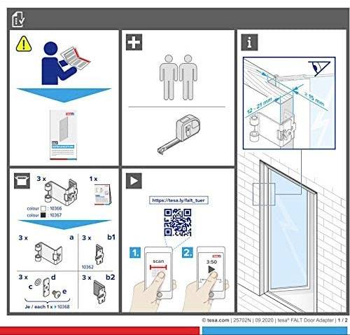 Instrukcja instalacji adaptera drzwiowego: Rysunki części, wymiary i ilustracje krok po kroku.