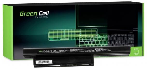 Czarna bateria do laptopa oraz opakowanie z napisem "Green Cell Fresh Energy". Opakowanie prezentuje schematyczny rysunek klawiatury.
