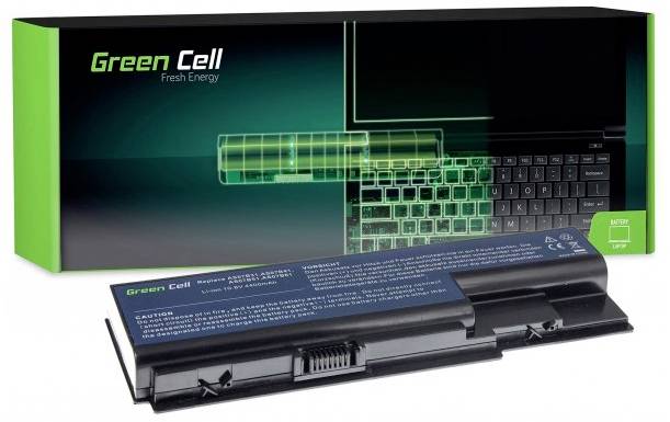Bateria do laptopa 'Green Cell' w opakowaniu, przedstawiająca akumulator i schematyczny rysunek na pudełku.