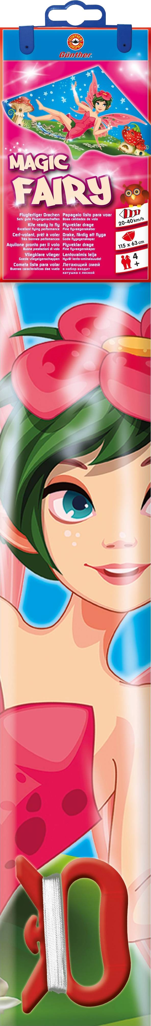 Opakowanie z kolorowym rysunkiem wróżki i napisem 'Magic Fairy'. Oznaczenia produktu i jaskrawe kolory dominują.