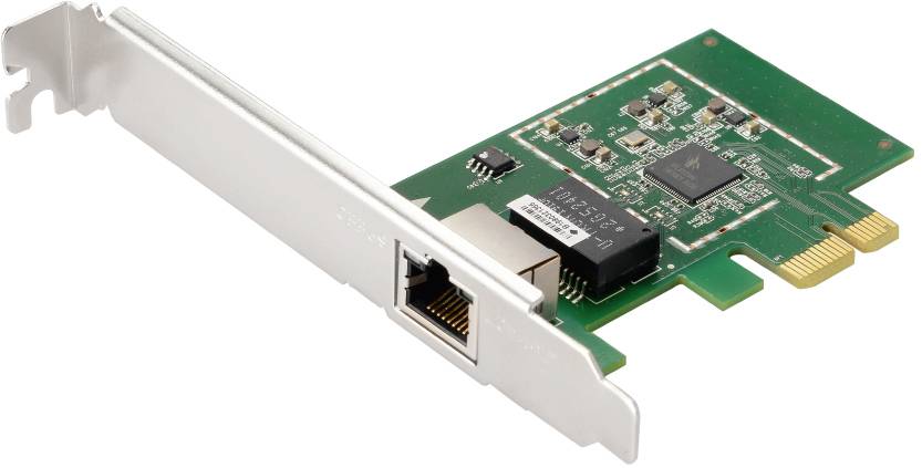 Zielona karta sieciowa PCIe z gniazdem Ethernet i wieloma komponentami elektronicznymi na płytce drukowanej.
