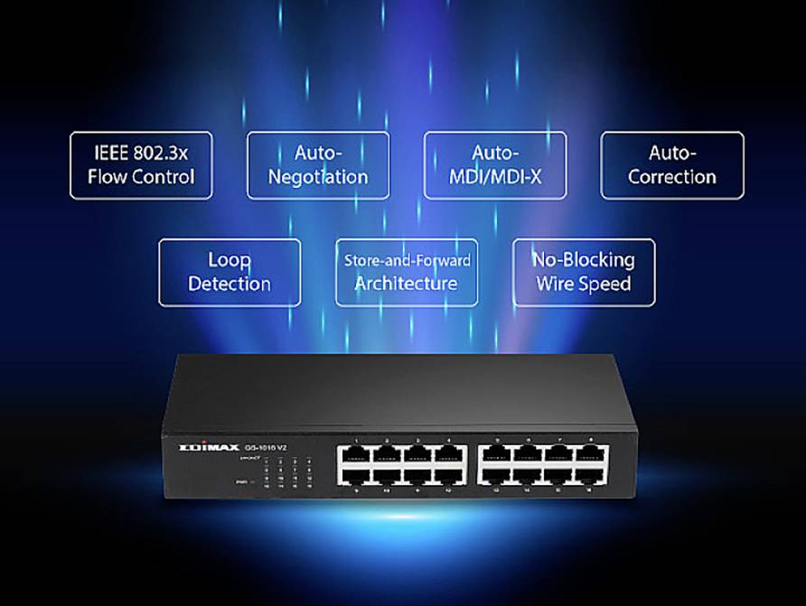 Prezentowany jest switch sieciowy z 16 portami. Wyróżnione są funkcjonalności takie jak 'kontrola przepływu IEEE 802.3x' oraz 'automatyczna korekcja'.