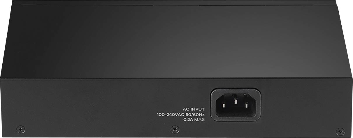 Czarny elektroniczny sprzęt z gniazdem zasilającym z tyłu. Oznaczenie: "AC Input 100-240V AC 50/60Hz 0.2A Max."