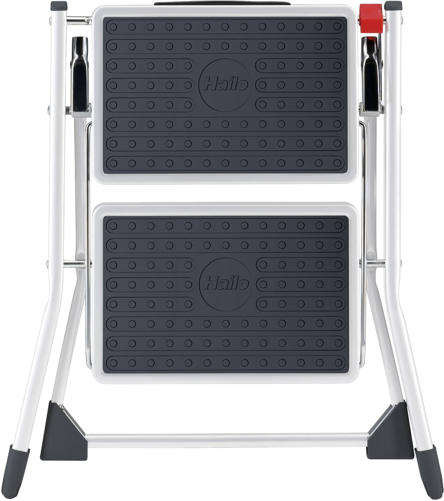 Metalowy składany taboret z dwoma czarnymi stopniami, powierzchnia antypoślizgowa, kompaktowy do złożenia, odpowiedni do użytku domowego.