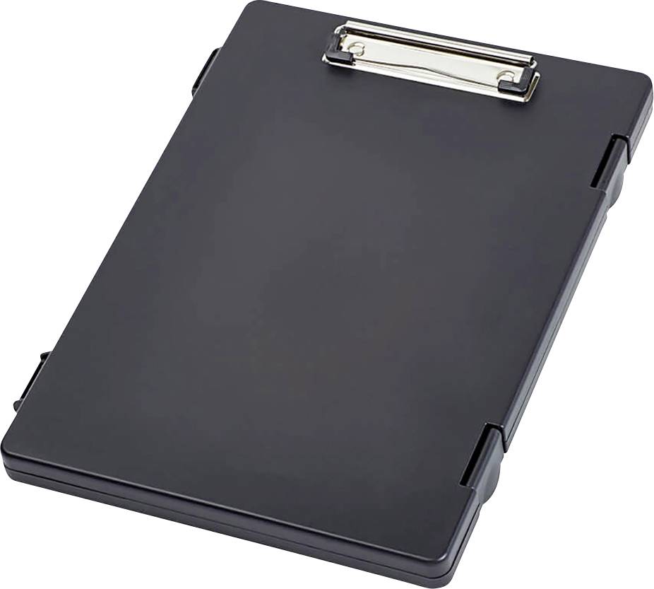 Czarna deska clipboard z srebrnym klipsem, leżąca na gładkiej powierzchni.