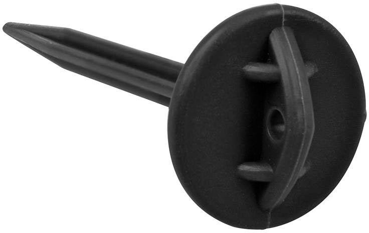 Czarny kołek mocujący z szeroką główką i spiczastym końcem, używany do mocowania obiektów w różnych materiałach.