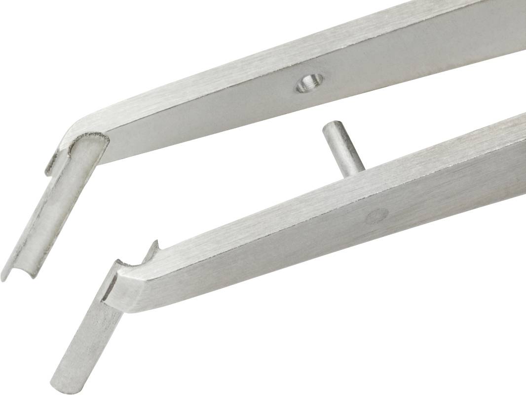 Zbliżenie srebrnych metalowych pęset z ząbkowanymi końcówkami, które służą do chwytania małych przedmiotów.