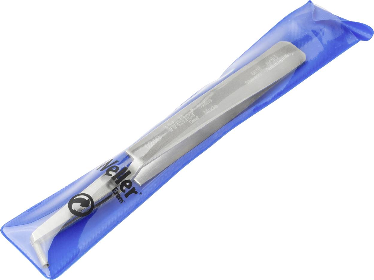 Pinceta w niebieskim opakowaniu, odpowiednia do precyzyjnego chwytania małych obiektów, z napisem 'Weller' białą czcionką.