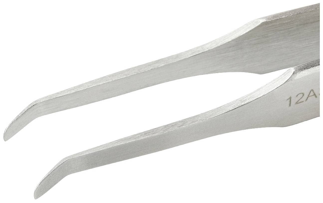 Pęseta metalowa z precyzyjnym, cienkim zakończeniem, odpowiednia do delikatnego chwytania małych przedmiotów.