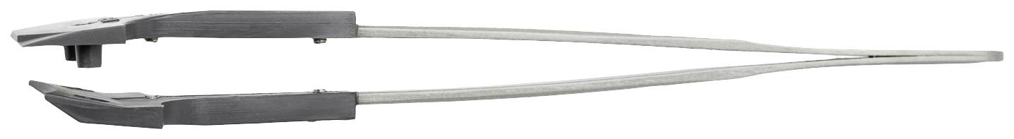 Srebrna pęseta z czarnymi gumowymi końcówkami, przedstawiona z boku na białym tle.