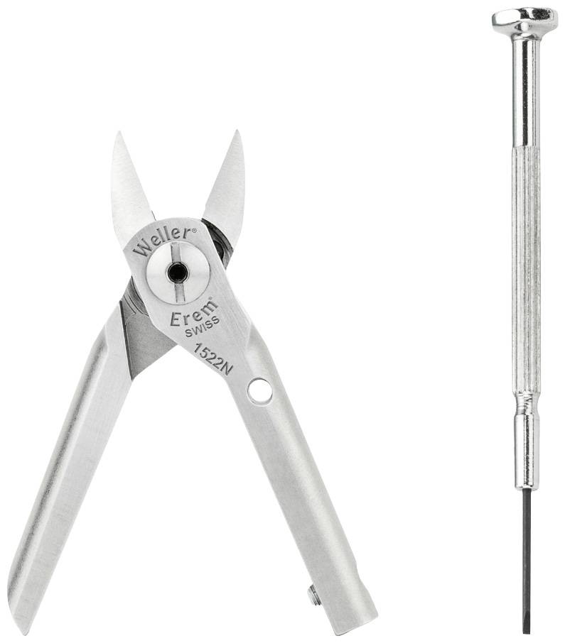 Srebrne precyzyjne szczypce i delikatny śrubokręt z metalowymi uchwytami na białym tle.