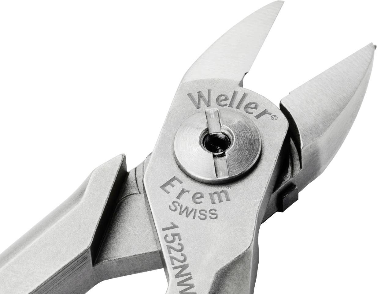 Szczypce ze stali nierdzewnej z nadrukiem 'Weller Erem Swiss 1522N'. Ostrza są precyzyjne, a szczypce wyglądają na wykonane z wysokiej jakości materiału.