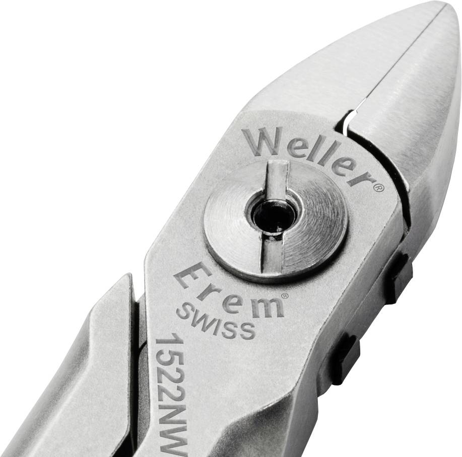 Zbliżenie srebrnych szczypiec z napisem 'Weller Erem SWISS 1522N', składających się z główki tnącej i uchwytu.