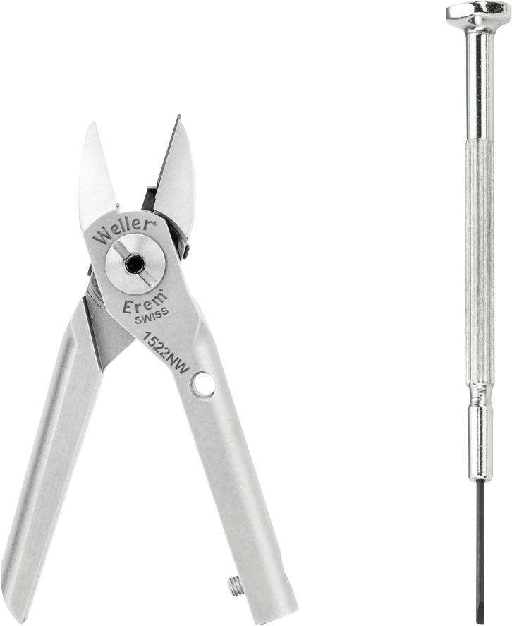 'Srebrne precyzyjne szczypce i śrubokręt na białym tle. Oba narzędzia ułożone równolegle, sfotografowane z bliska.'