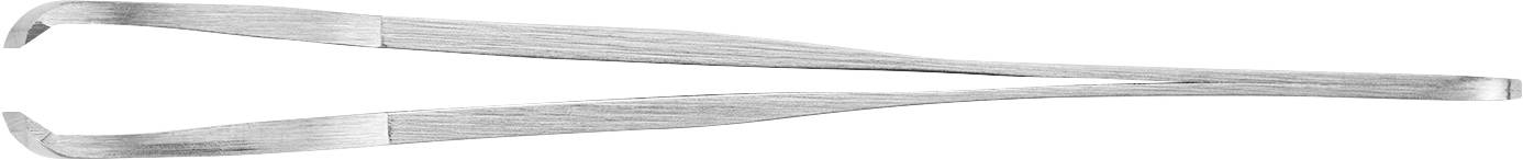 Srebrna pinceta z zakrzywionymi końcówkami leży płasko. Służy do precyzyjnego chwytania małych przedmiotów.