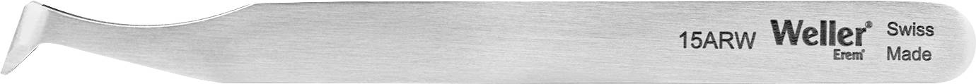 Pęseta o zagiętym końcu, oznaczona etykietą '15A-RW Weller Swiss Made', wykonana z srebrnego metalu. Używana do precyzyjnego manipulowania małymi elementami.