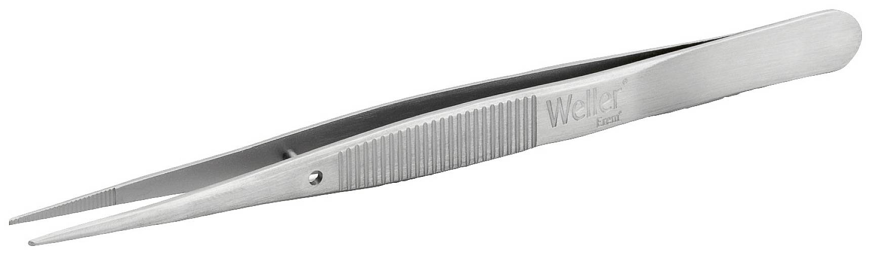 Pęseta metalowa o spiczastym czubku, z żłobionym uchwytem i wygrawerowaną nazwą marki. Idealna do precyzyjnych prac ręcznych.