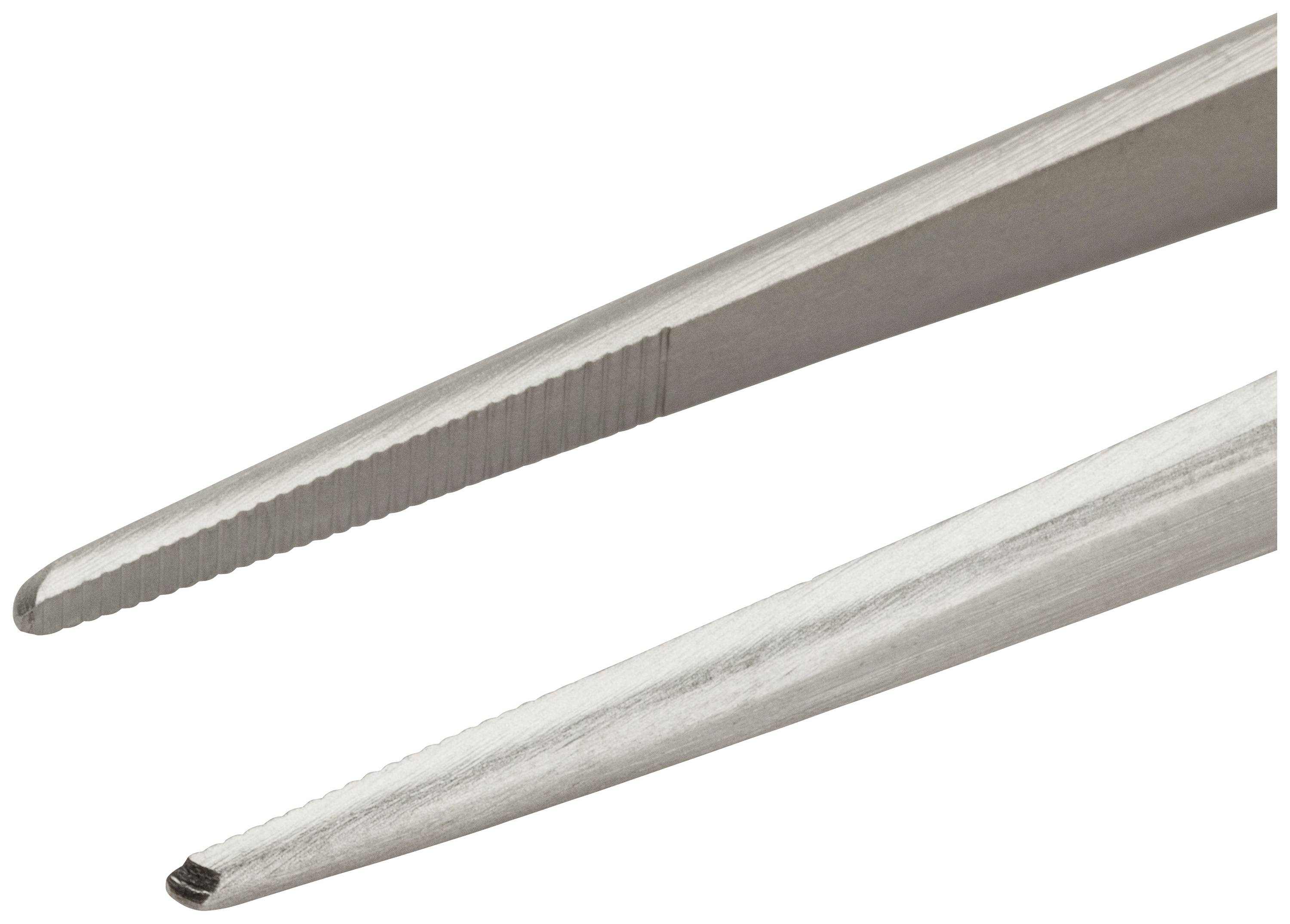 Dwie pęsety o różnych końcówkach. Jedna ma zakończenie ząbkowane dla lepszego chwytu, druga ma gładką, ostro zwężającą się formę.