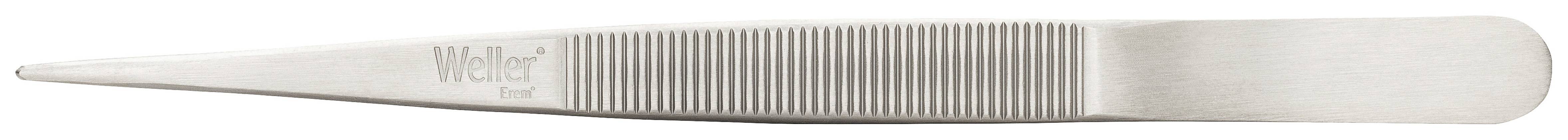 Srebrna metalowa pęseta z karbowanym uchwytem, ułożona poziomo. Stosowana głównie do precyzyjnego manipulowania małymi obiektami.