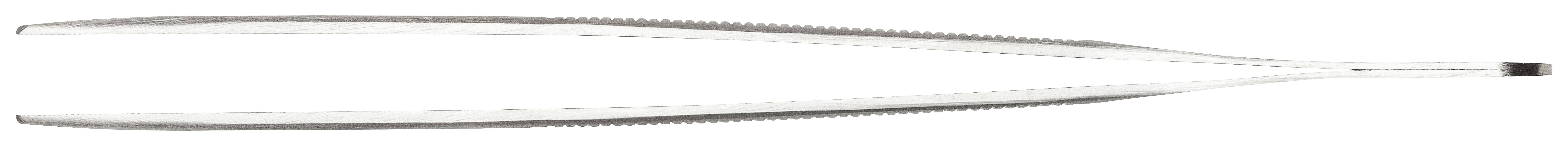 Srebrna pęseta z zaokrąglonymi końcówkami, która lekko wygina się na zewnątrz.