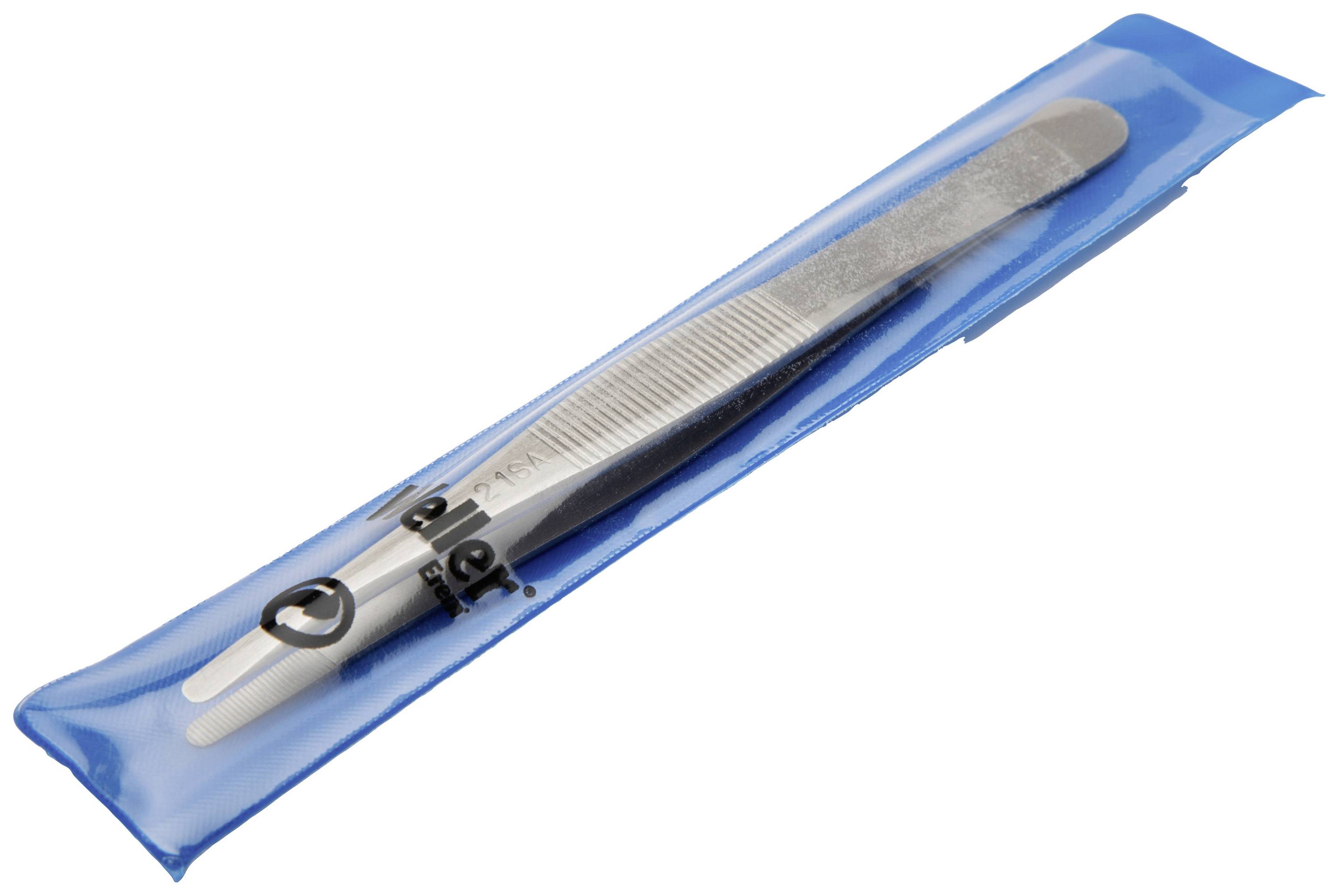 Metalowa pinceta w przezroczystym, niebieskim opakowaniu.