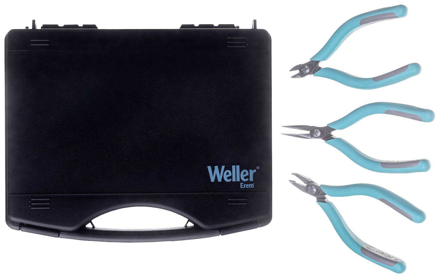 Czarny kufer na narzędzia z logo 'Weller Erem' po lewej stronie; trzy turkusowe szczypce z ergonomicznymi uchwytami po prawej stronie.