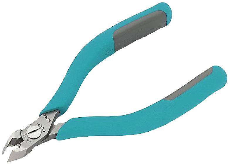 Szczypce boczne w kolorze niebiesko-zielonym z szarym uchwytem, odpowiednie do precyzyjnego cięcia przewodów i mniejszych elementów.