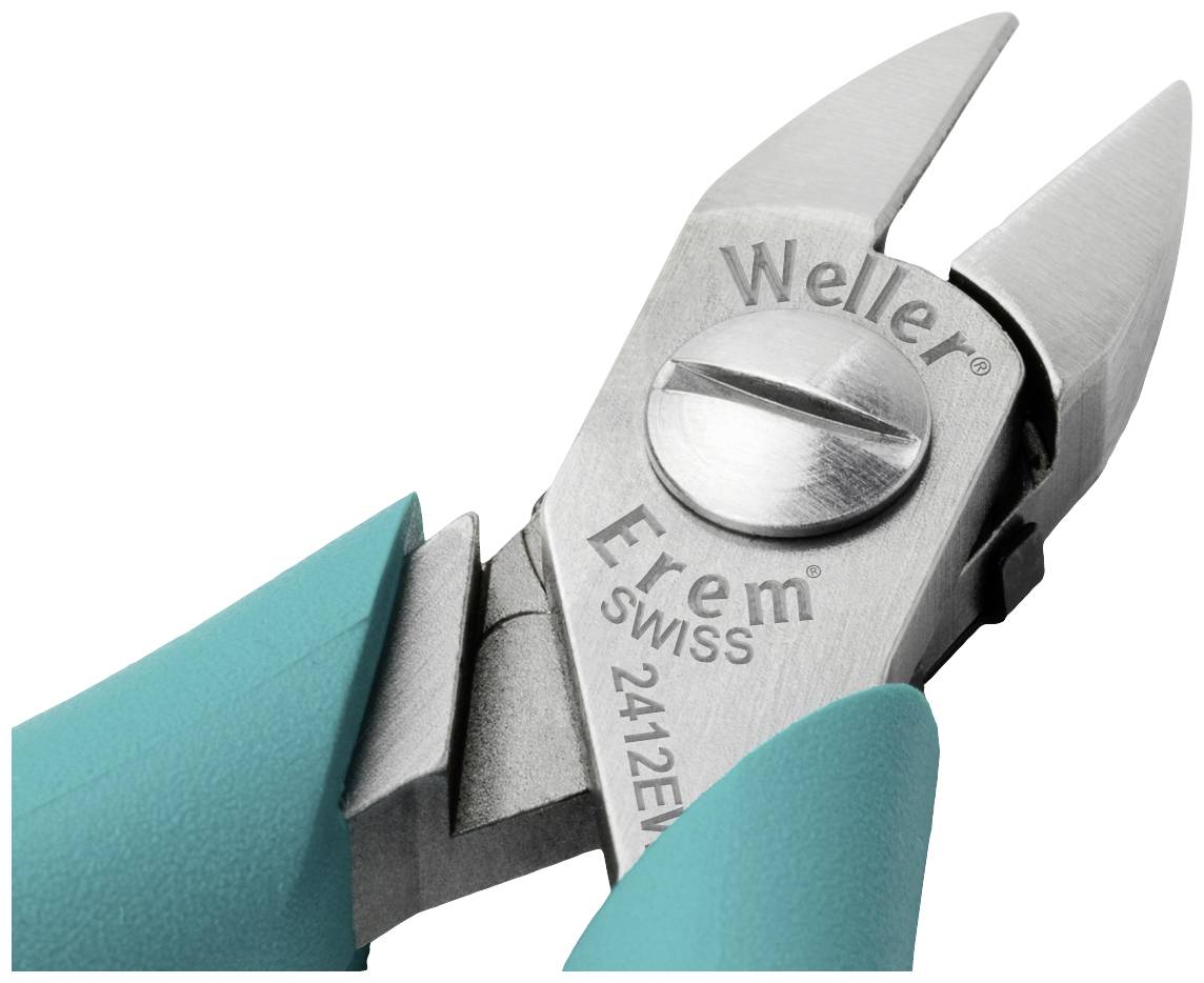 Szczypce tnące z zielonymi uchwytami, srebrną powierzchnią tnącą, oznaczone napisami 'Weller', 'Erem SWISS 2412E'. Narzędzie do obróbki przewodów.