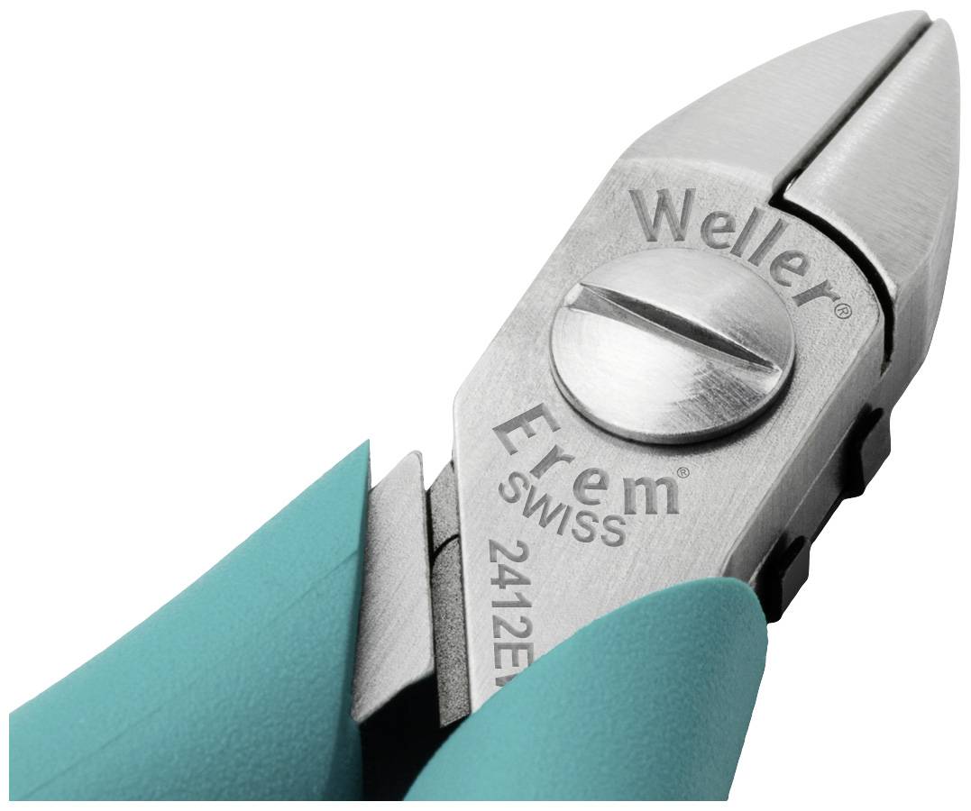Srebrne szczypce kablowe z zielonymi uchwytami. Na szczypcach widoczny jest napis 'Weller Erem Swiss 2412E'.