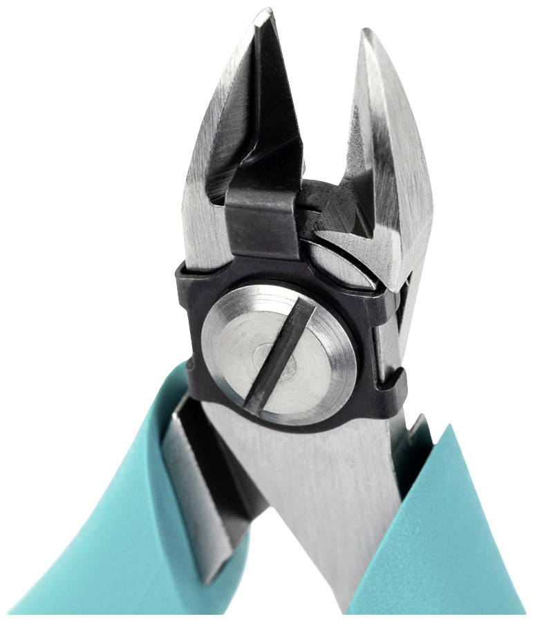Srebrne szczypce z czarnymi akcentami i turkusowymi uchwytami, zbliżenie na powierzchnię tnącą. Narzędzie do precyzyjnego cięcia.