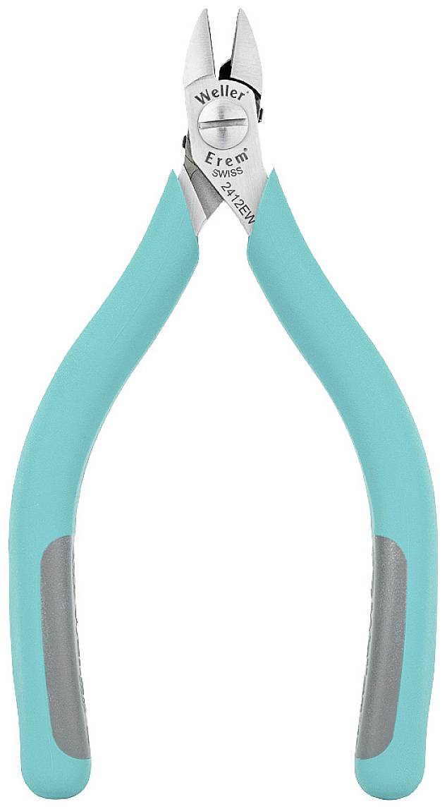 Zielone szczypce z szarymi uchwytami, przeznaczone do precyzyjnych prac cięcia, wyprodukowane przez Weller Erem ze Szwajcarii.