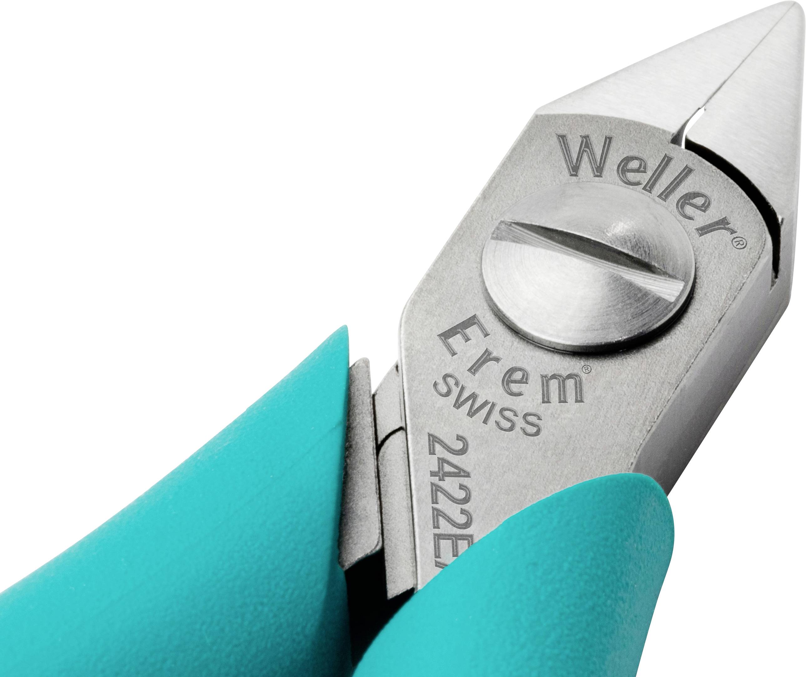 Obcinacz boczny z niebieskimi uchwytami, na którego metalowej powierzchni widnieje napis 'Weller Erem Swiss 2422E'.