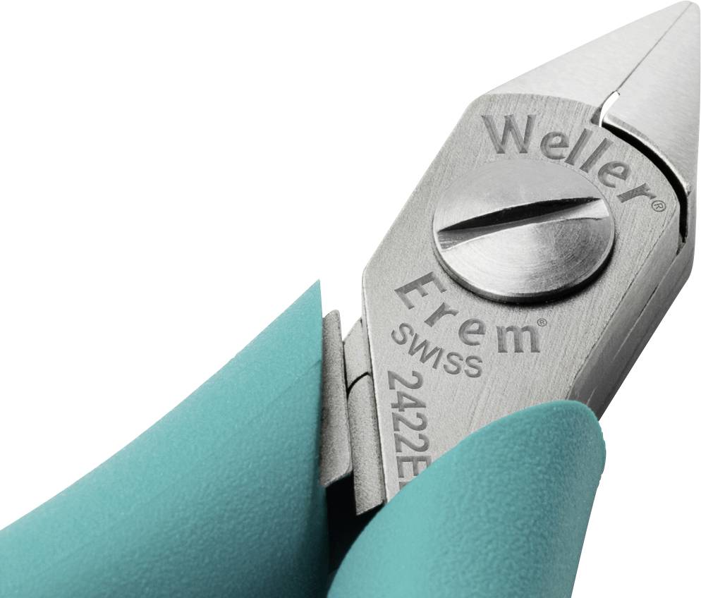Szczypce z zielonymi uchwytami i srebrną głowicą tnącą, na której wygrawerowano 'Weller Erem SWISS 2422E'.