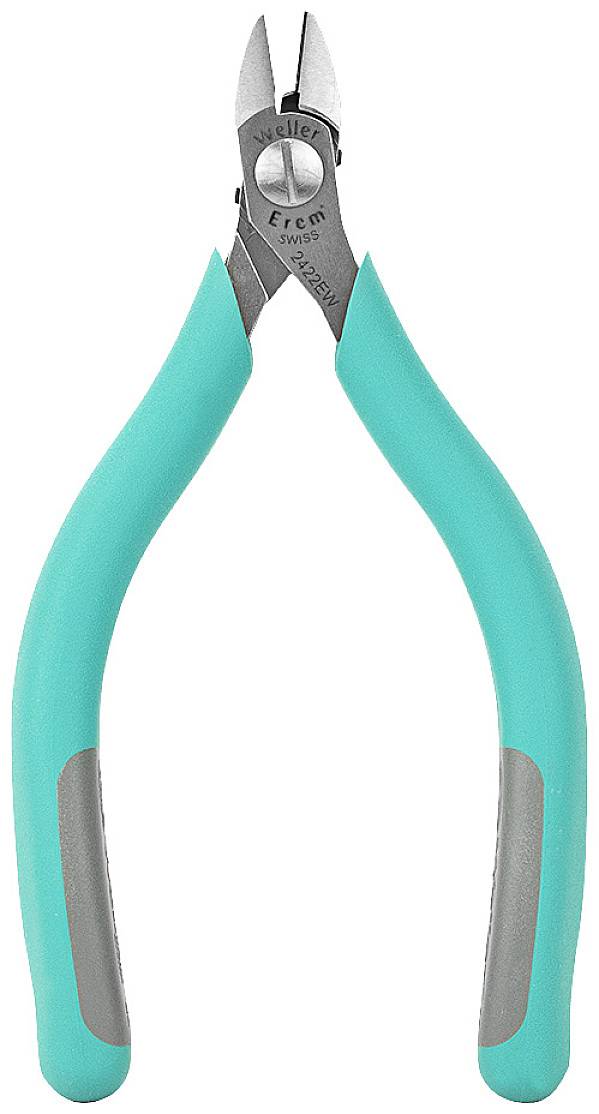Szczypce o turkusowych uchwytach i srebrnych szczękach, używane do chwytania lub cięcia przewodów.