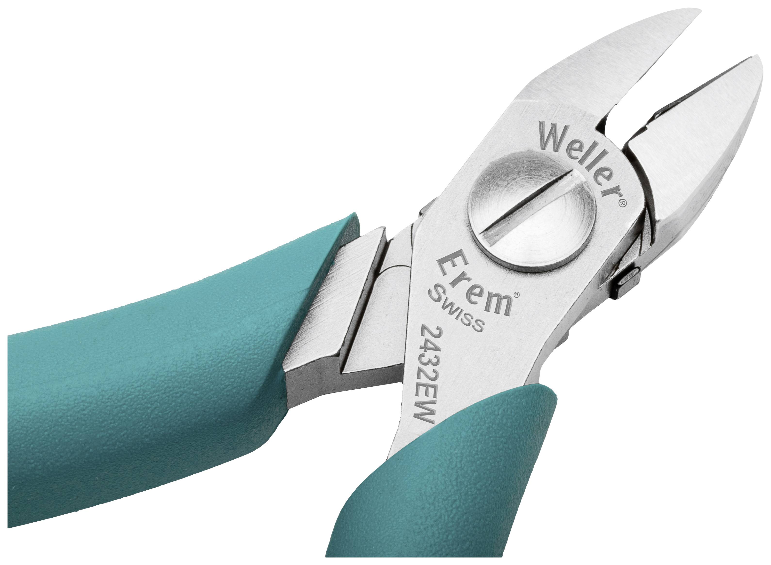 Szczypce z zielonym uchwytem z napisem 'Weller Erem 2432EW Swiss' na ostrzu, odpowiednie do precyzyjnych prac cięcia.