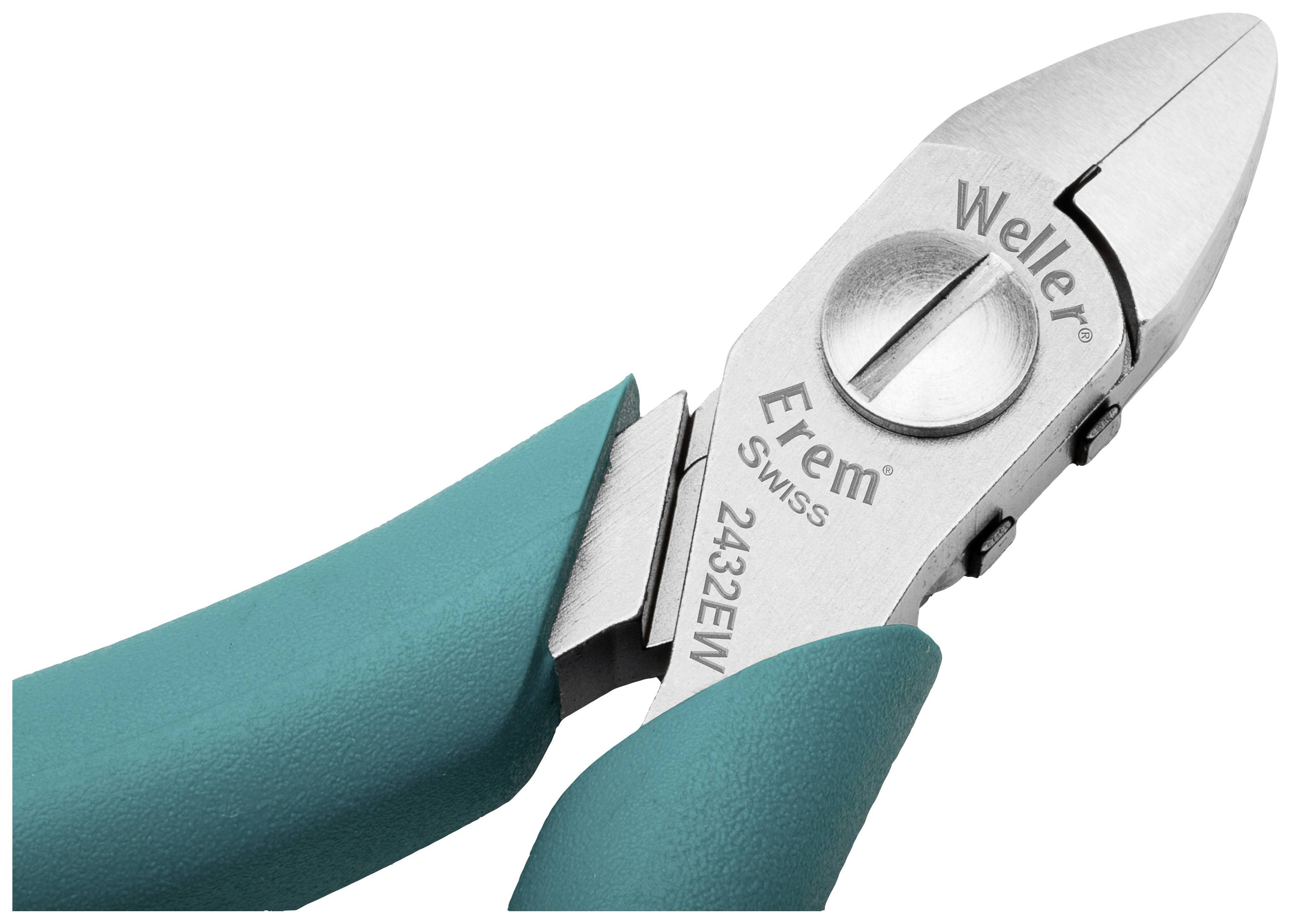 Szczypce ze szmaragdowozielonymi uchwytami, metalowa powierzchnia z napisem 'Weller Erem SWISS 2432EW', odpowiednie do cięcia drutu.