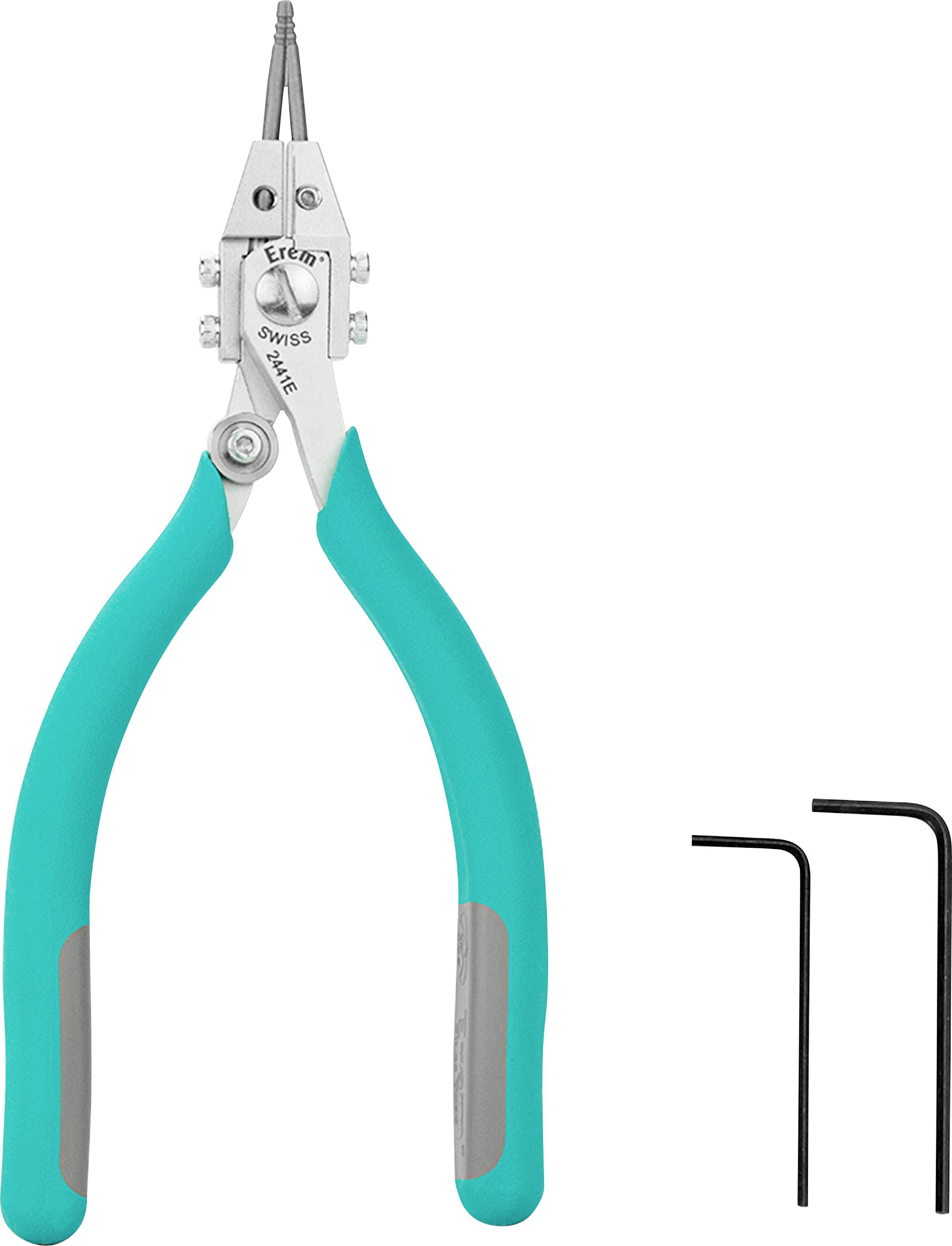 Zielony wielofunkcyjny szczypce o wąskich końcówkach, towarzyszący dwóm kluczom imbusowym w kształcie litery L na białym tle.