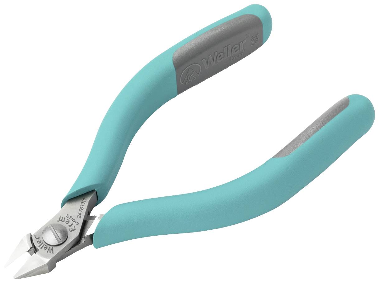 Zielone i szare szczypce firmy Weller, przedstawione pod skosnym kątem, przeznaczone do precyzyjnych prac związanych z cięciem.