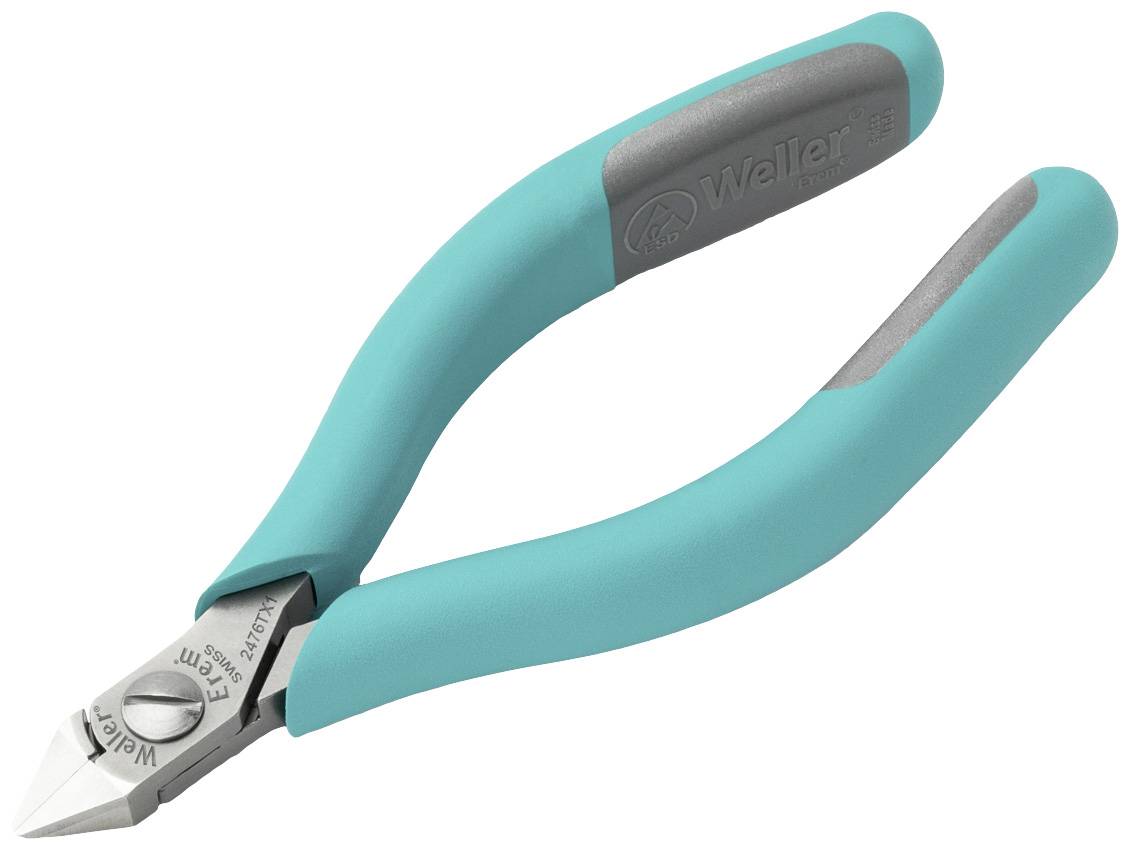 Elektroniczny obcinacz boczny z niebieskimi uchwytami i srebrnym ostrzem, przeznaczony do cięcia przewodów i cienkich kabli.