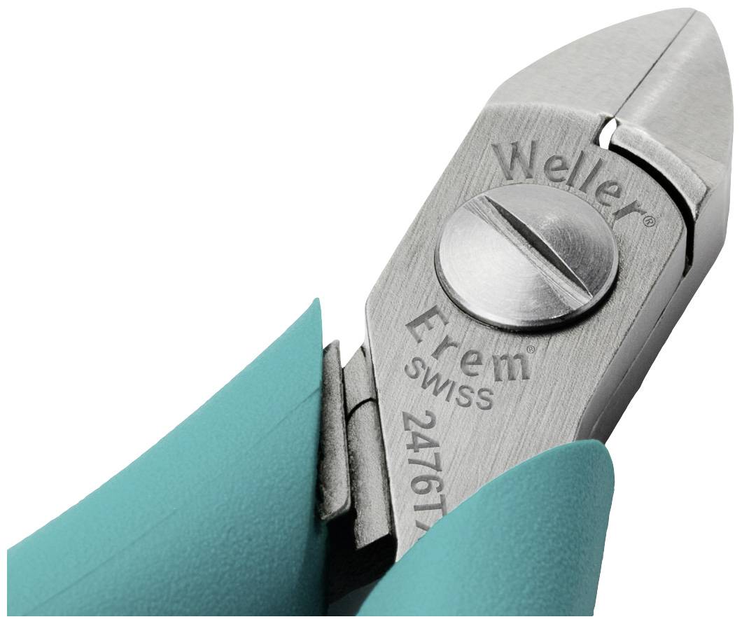 Zbliżenie niebieskich szczypiec z napisem 'Weller Erem Swiss 2476E'.