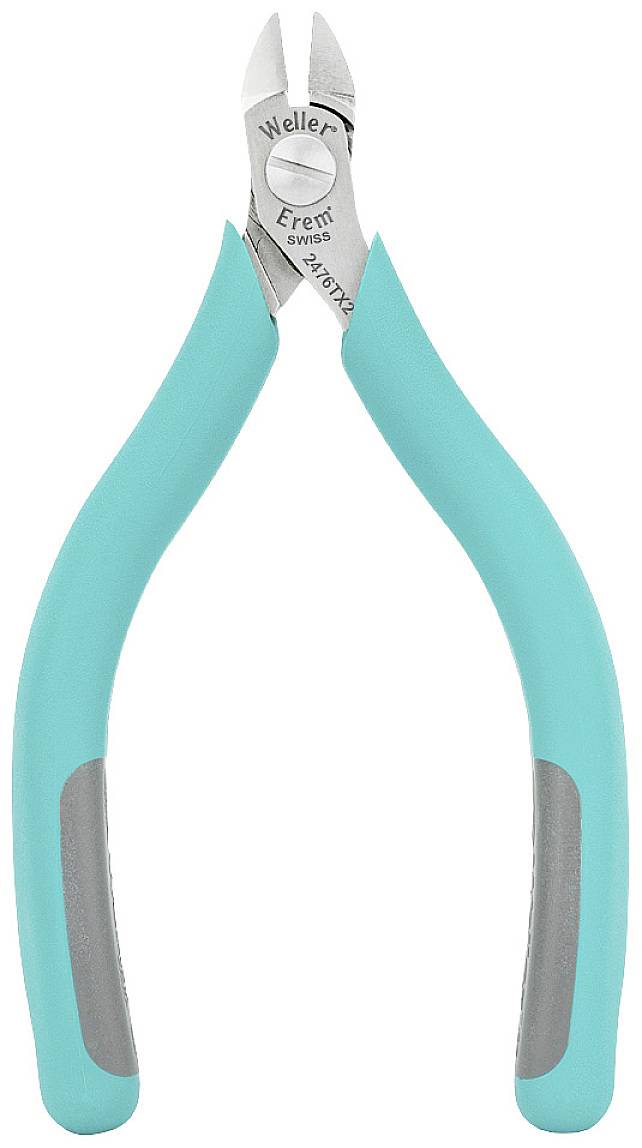 Zielone precyzyjne szczypce z szarymi uchwytami i metalowym ostrzem, odpowiednie do delikatnych prac cięcia w elektronice i modelarstwie.