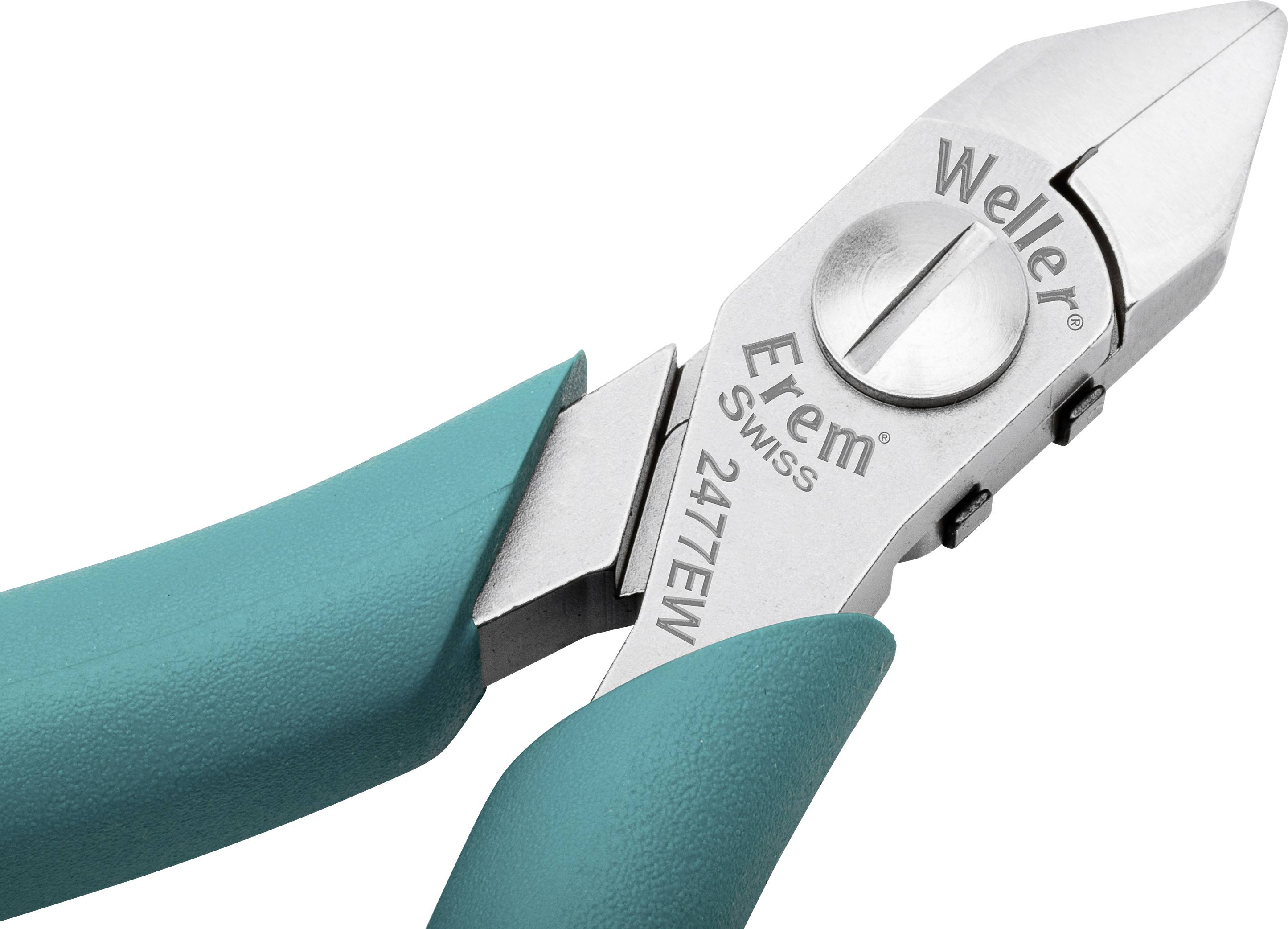 Szczypce z zielonymi uchwytami, srebrnym ostrzem i oznakowaniem firmowym 'Weller Erem Swiss 2477E'.